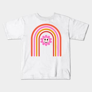 Pink Smiley Flower on Retro Rainbow Kids T-Shirt